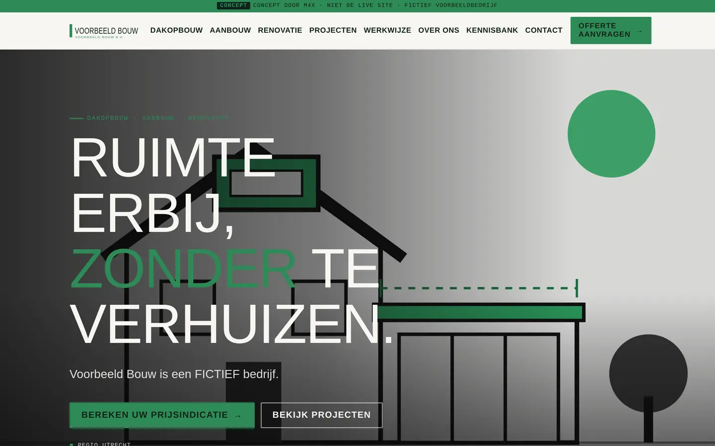 Voorbeeld: startpagina van een concept-website voor een verzonnen bouwbedrijf