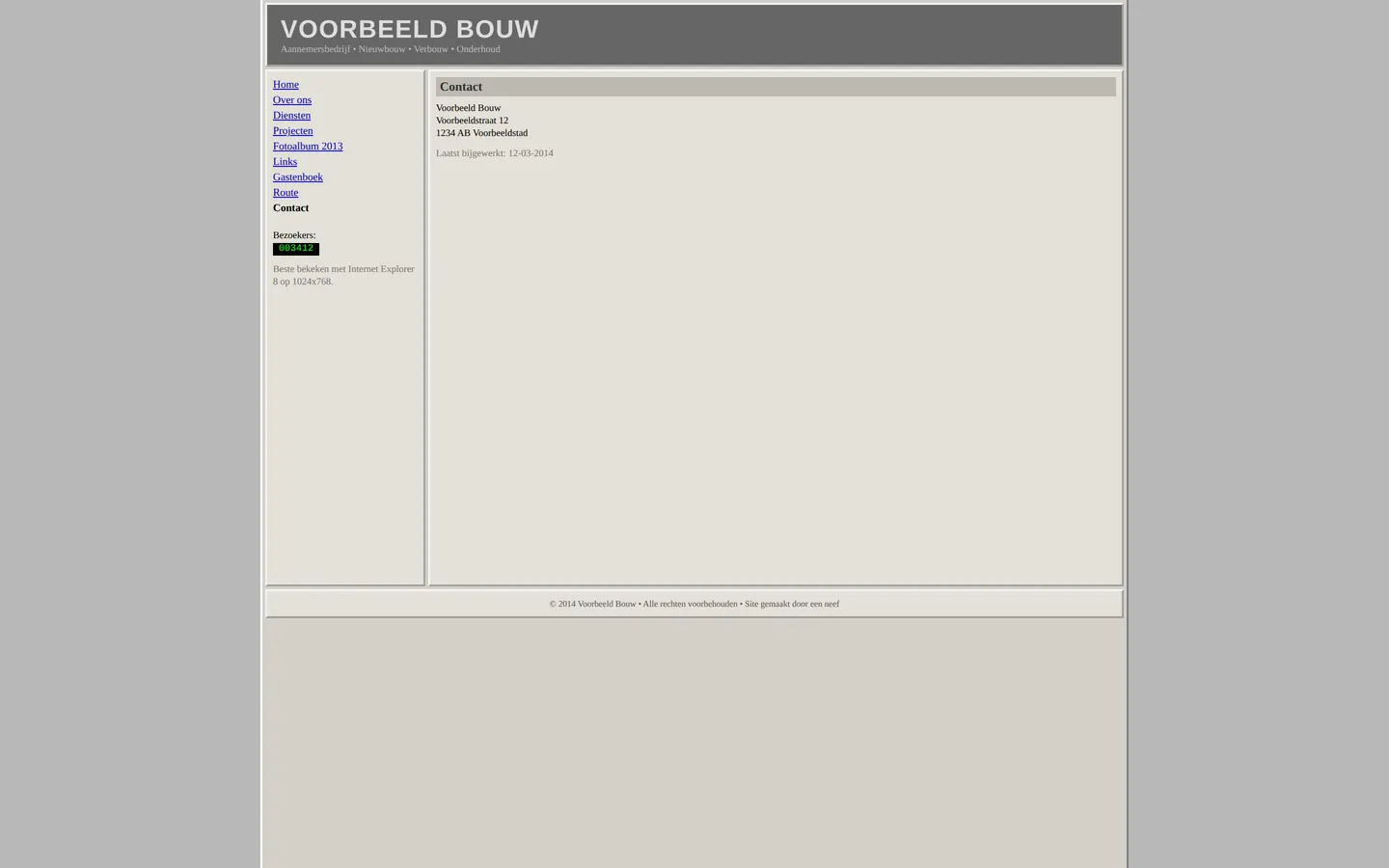 Voorbeeld: verzonnen verouderde website in grijze tabellen, met kleine tekst en een contactpagina met alleen een adres