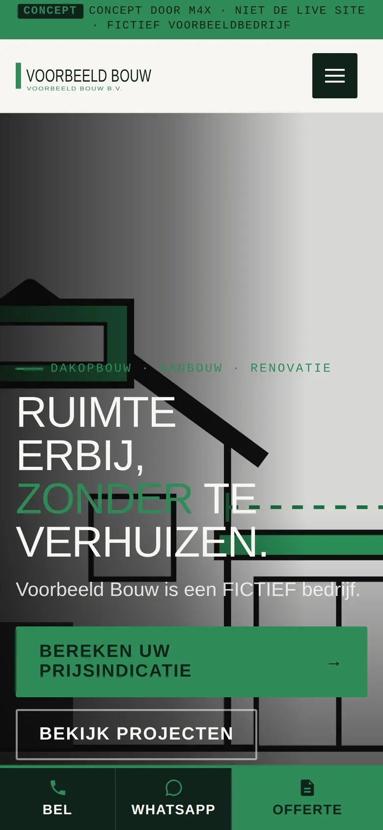 Voorbeeld: dezelfde concept-website op een telefoon
