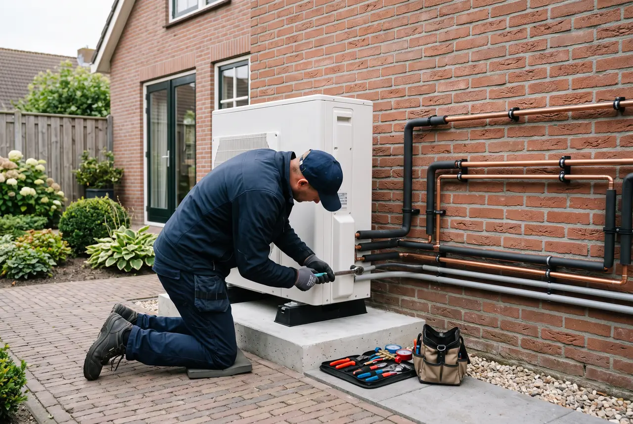 Een installateur naast een net geplaatste warmtepomp