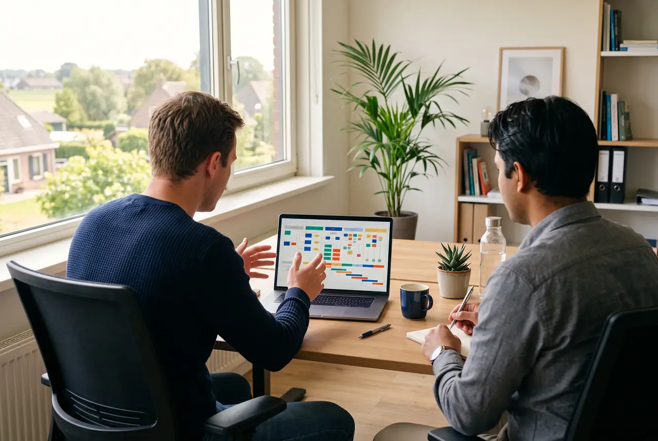 Twee collega's bekijken samen een planningsbord op een laptop