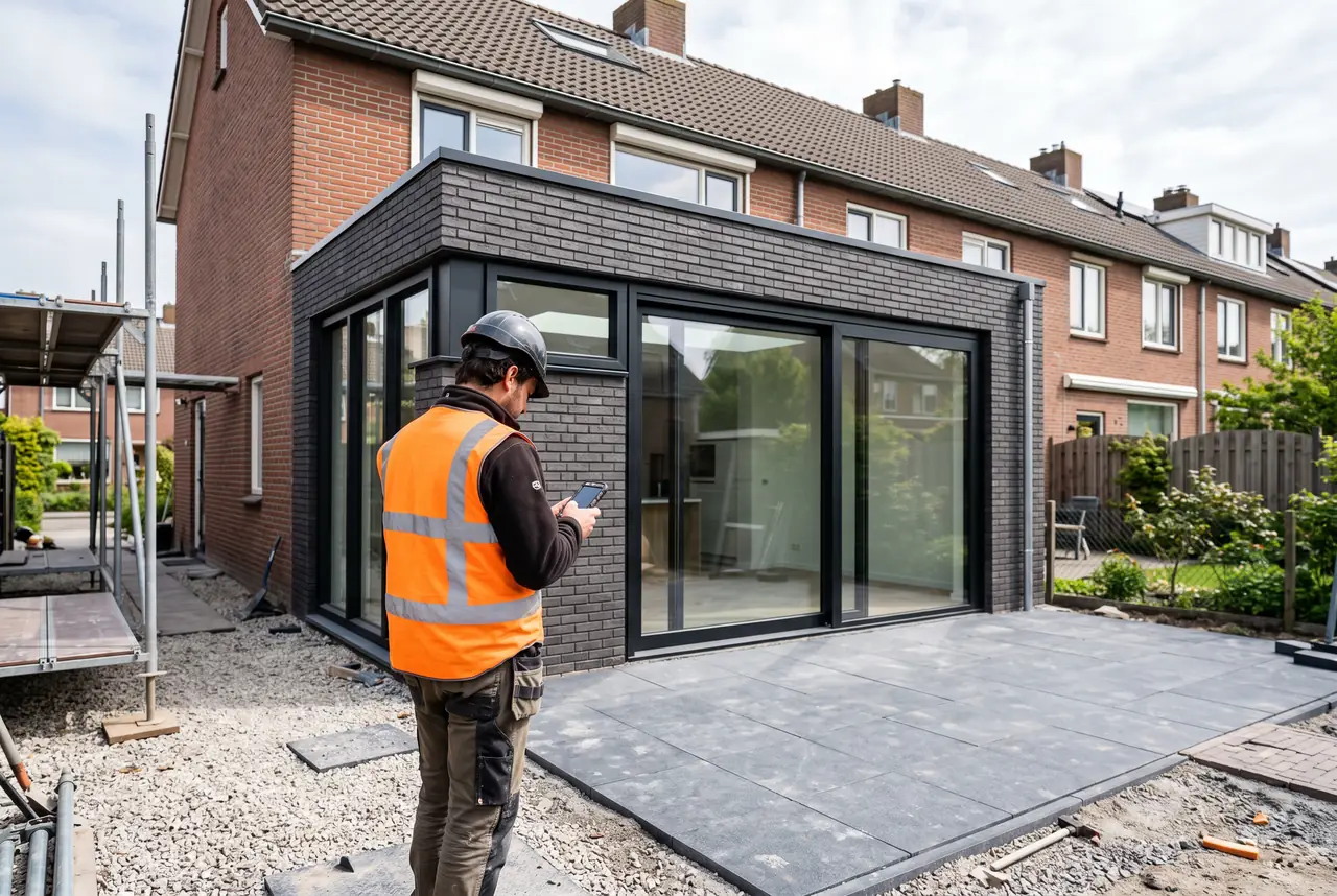 Een uitvoerder controleert de telefoon bij een bijna opgeleverde aanbouw