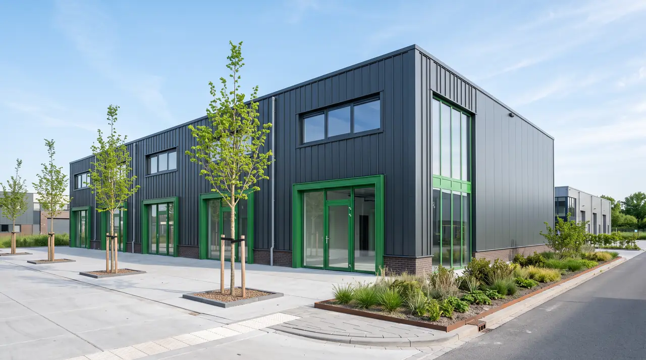 Een modern bedrijfsverzamelgebouw op een bedrijventerrein
