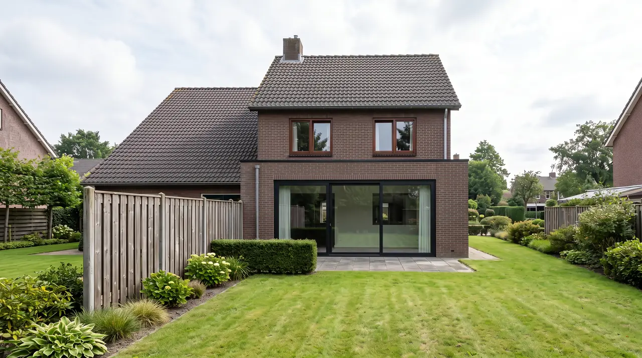 Impressie van een uitbouw, baksteen rood, schuifpui, gezien vanuit de tuin